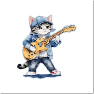 cute street cat wearing a denim blue jacket Posters and Art